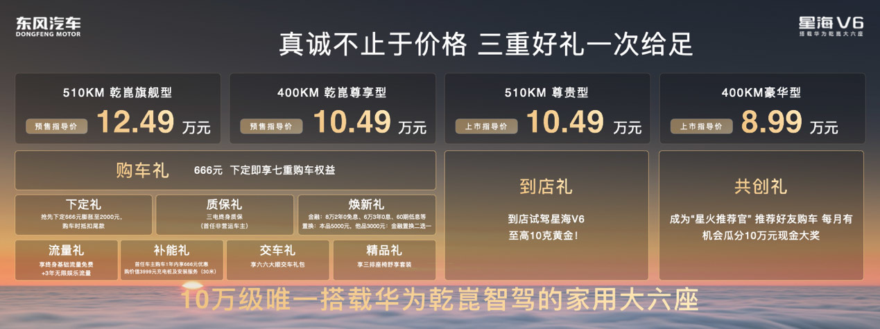 10万级唯一华为乾崑大六座，星海V6预售10.49万元起
